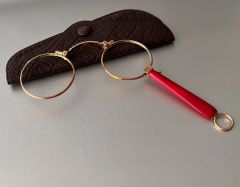 Antique Gold Red Lorgnette Eyeglasses + Case