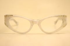 Unused White Rhinestone Vintage Cat Eye Glasses 